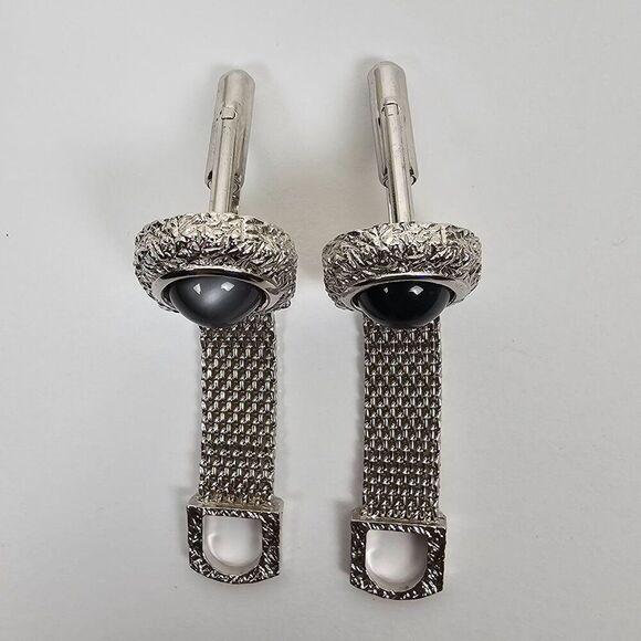 Vintage Swank Gray Moonglow Cabochon Silver Tone Mesh Wrap Around Mens Cufflinks - Picture 4 of 9